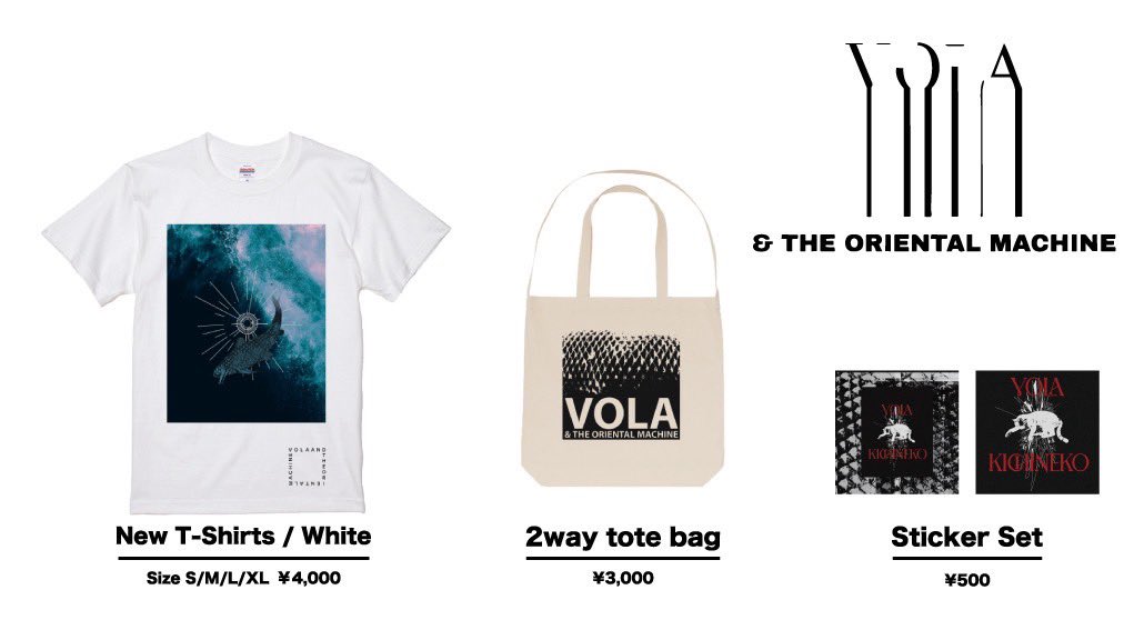 arientalmachine's tweet photo. 【通販のお知らせ】
先日のVOLAワンマンから販売されたVOLA2026 New T-Shirts / White、そして今年から販売されておりますVOLA 2way tote bag、VOLA吉ねこSticker Setの通販取扱いが本日20時よりスタートしてますー！

New T夏っぽくて良きです！

販売サイトはこちら↓↓↓
https://t.co/HxTjpfQWBk https://t.co/dtyXrLlkQv