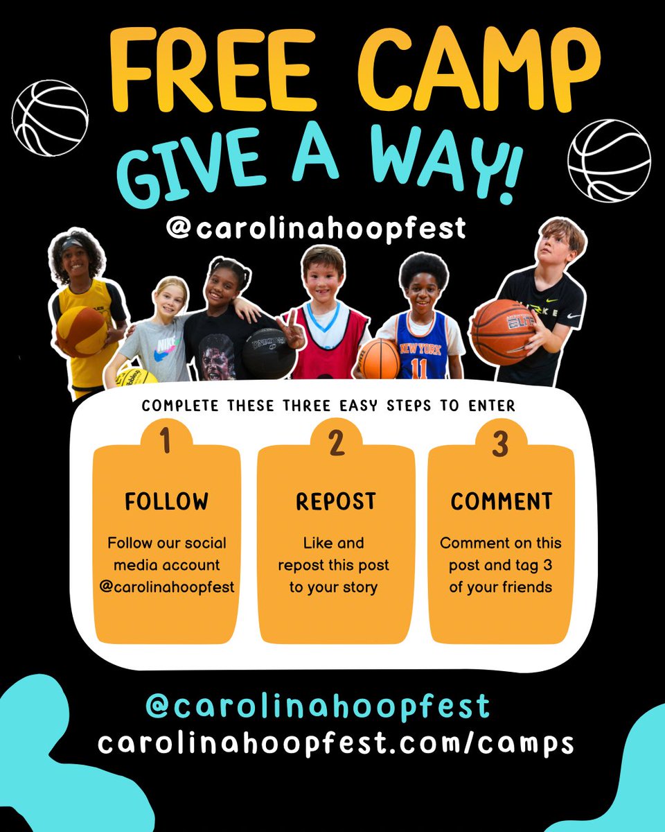 NChoopfest's tweet photo. 🏀‼️FREE @carolinahoopfest Camp GIVE A WAY‼️🏀

To enter, just follow the steps below:
1. FOLLOW @carolinahoopfest 
2. REPOST this and tag us @carolinahoopfest 
3. COMMENT and TAG 3 people below 👇
—
Summer Camps in your area, sign up at https://t.co/REplckX7n9 https://t.co/4gN4btR2Vr