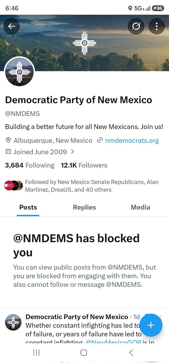 RonnieLuceroNM's tweet photo. The New Mexico Democrat Party ( @nmdems ) blocked me because they don't like being called out for what their party has done to New Mexico.

After years of Democrat control, we're dealing with high crime, failing schools, a doctor shortage, and an economy that continues to fall behind.

Instead of defending their record, they blocked me.

You can block a person, but you can't block the truth. New Mexicans are living with the results of your policies every day.