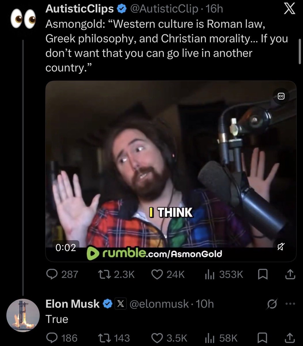 Awk20000's tweet photo. Elon Musk agrees with Asmongold’s take that u can leave the country if u don’t like what Western culture is comprised of https://t.co/QjG5zBRlpy