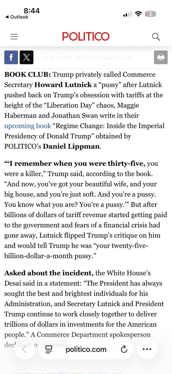 dlippman's tweet photo. SCOOP: President Trump privately called Commerce Secretary Howard Lutnick a “pussy” after Lutnick pushed back on Trump’s obsession with tariffs at the height of the “Liberation Day” chaos, per the upcoming Maggie Haberman/Jonathan Swan book I obtained. https://t.co/RwA5s8t10T https://t.co/CQU72bBGkq