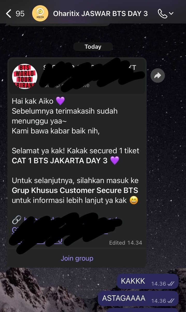 foreternitytae's tweet photo. MASIH GA NYANGKAA DAPET CAT 1 SECTION PRIORITAS AKU DI WAR PRESALE DAY 3 YANG BERDARAH-DARAH INI😭😭😭💜 Thank you so much kak Ohari @oharitix BEST BGT JASWARNYA! Kakanya juga baik bgtt! SEE YOU IN DECEMBER BANGTAN💜💜☺️☺️
#BTS_ARIRANG_JAKARTA https://t.co/DGthlpniel