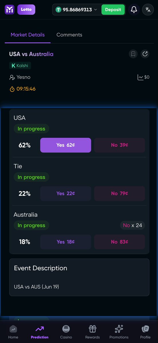 yesnomarket's tweet photo. Only a few hours until kickoff.

Bought USA double chance at $0.83 — that's basically fixed income, right? 

Just threw $20 on it. Dear USMNT, please don't turn my investment into a donation. 

https://t.co/8xrP2W6Mmh

#WorldCup2026 #FIFAWorldCup #SportsBetting #FootballTwitter #YNT