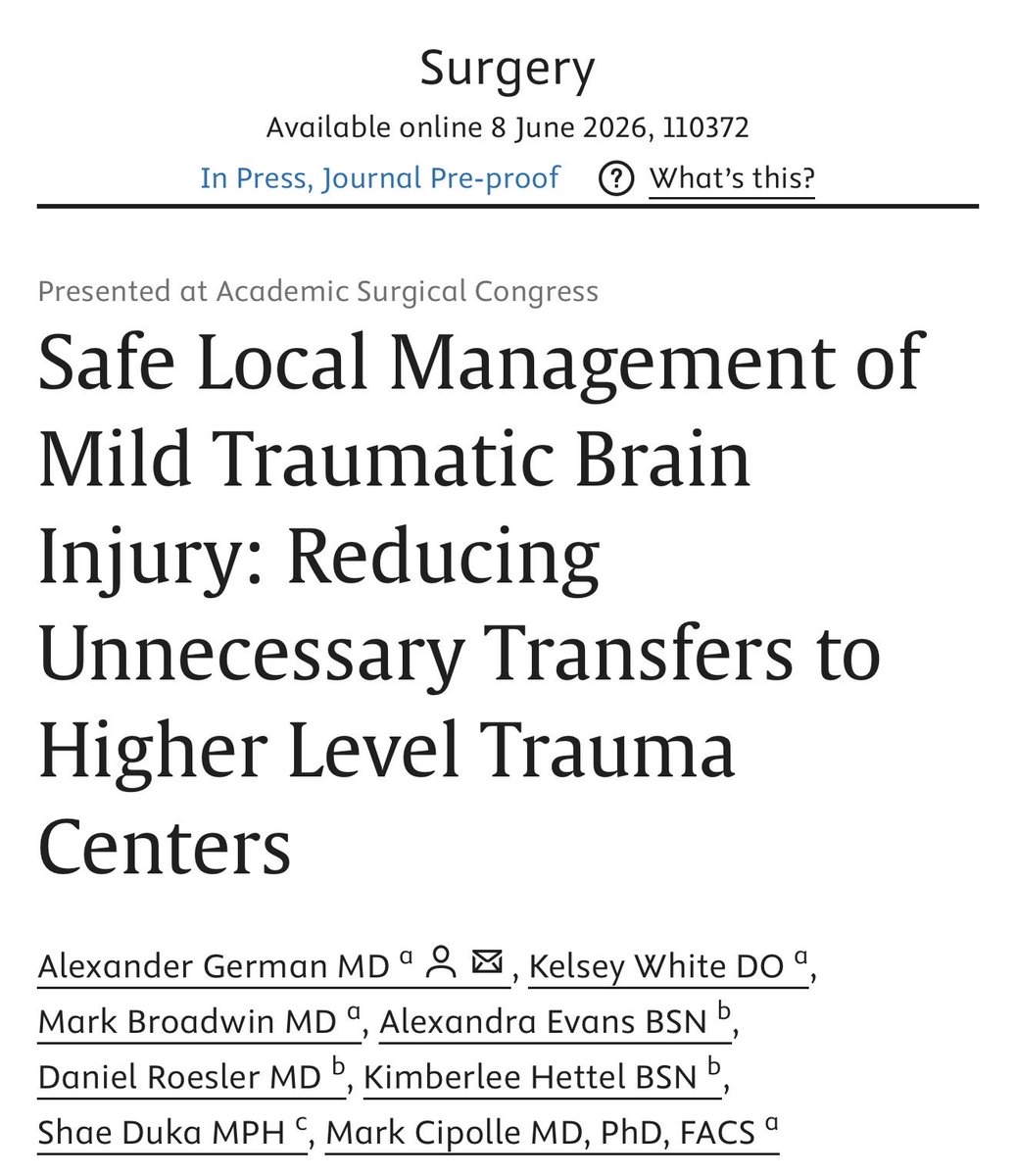 Al3xSurg's tweet photo. Excited to share our latest publication in @SurgJournal on the safe local management of mild traumatic brain injury and reducing unnecessary transfers to higher-level trauma centers!
@LVHN @TJUHospital 
#trauma #traumasurgery 

https://t.co/yKDGcChFCc https://t.co/qZBYSdEf04