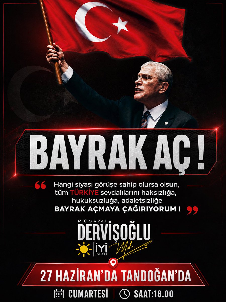 iyipartibursail's tweet photo. "Al Bayrağımızla, Tek Yürek Tandoğan Meydanındayız !"

Bağımsızlığımızın ve birliğimizin simgesi olan şanlı bayrağımızı dalgalandırmak, tek yürek olduğumuzu haykırmak için Bayrak Mitingi’nde buluşuyoruz. Yediden yetmişe tüm halkımız davetlidir. Haydi Bursa Bayrak Mitinginde sen de yerini al ! 

📆 27.06.2026 Cumartesi 
🕖 15.00 
📍Anıtkabir ziyareti 
🕢 18.00
📍 Tandoğan Meydanı 

Not: Miting için il ve ilçe başkanlıklarımızdan ücretsiz ulaşım sağlanacaktır. İletişim: +90 (553) 708 04 94