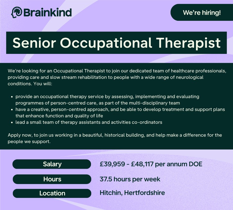 brainkinduk's tweet photo. ✨We're hiring! ✨

Senior Occupational Therapist, Hitchin

Apply now, to join our dedicated team providing care and slow stream rehabilitation to people with a wide range of neurological conditions.

https://t.co/EXDFivjkZ3

#OccupationalTherapyJobs #HitchinJobs https://t.co/pAxRpaIOQ7