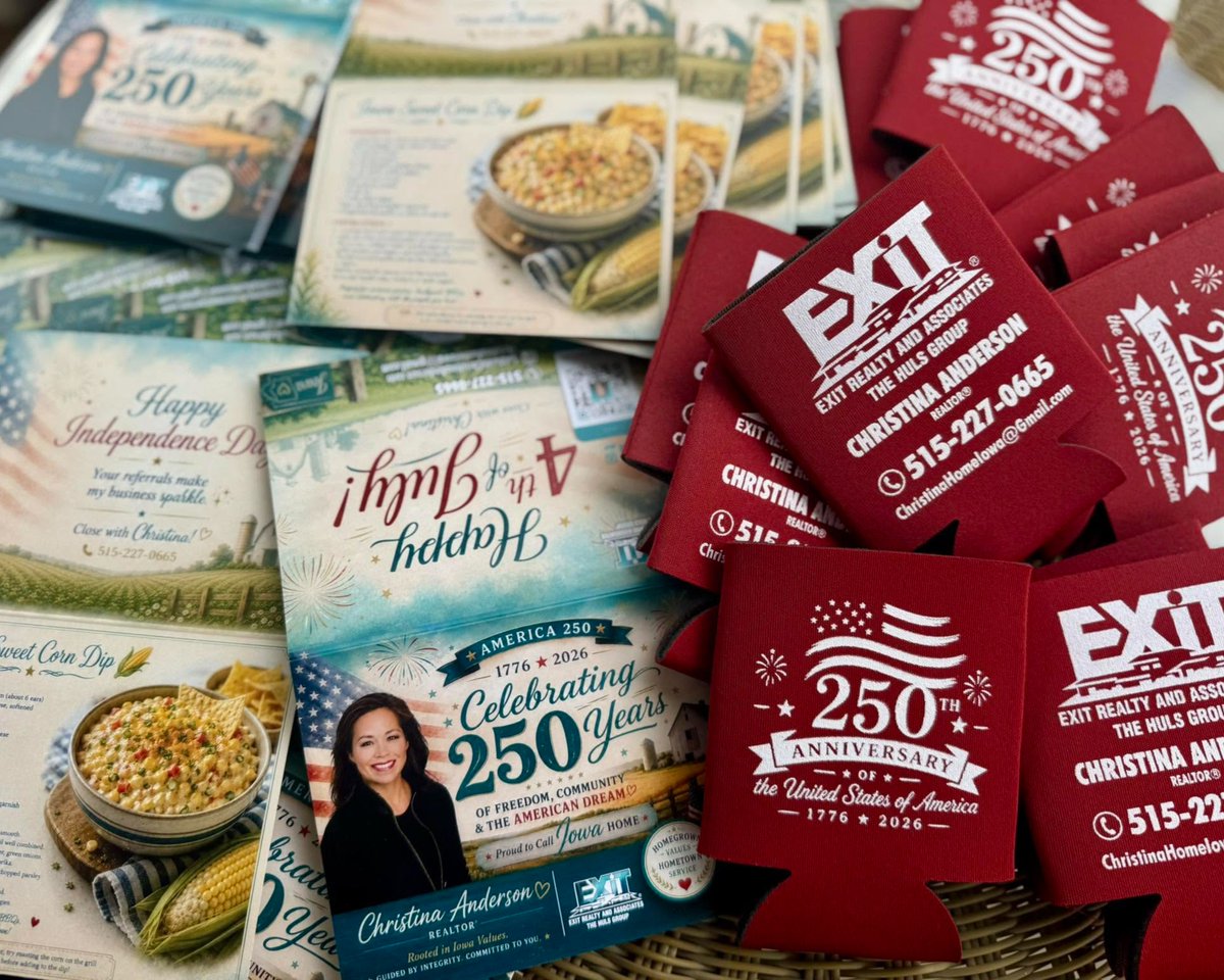 AvHGraphics's tweet photo. 🇺🇸 Designed &amp; printed these America 250-themed foldover announcement cards and custom coolies for Christina Anderson, EXIT Realty &amp; Associates ~ The Huls Group! ❤️🤍💙 Perfect for client gifts, open houses, events, and more. 😎 https://t.co/3FlbuKUi0P
