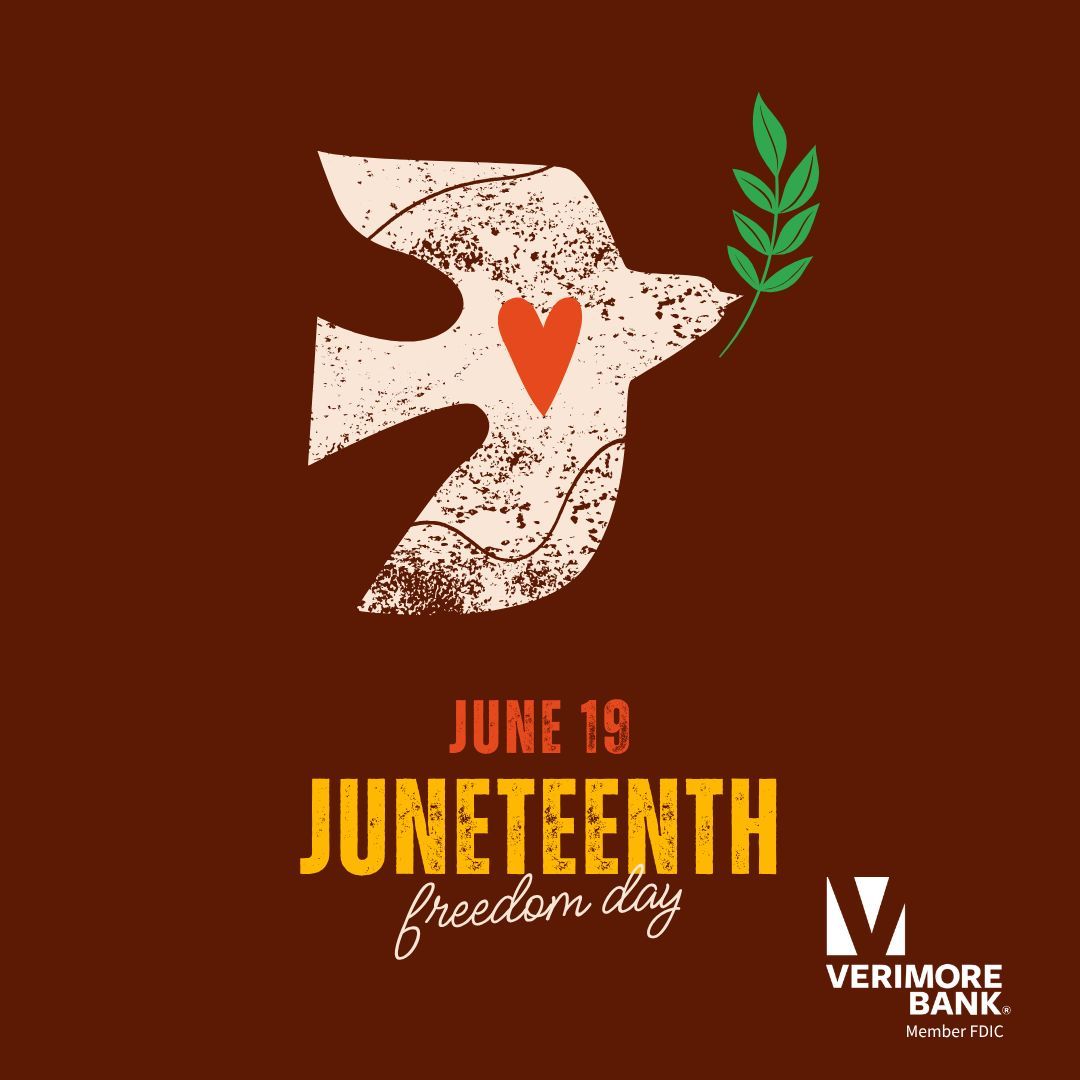 VerimoreBank's tweet photo. Commemorating freedom, today and every day. Happy Juneteenth! Our branches are closed in observance of the holiday, but you can access your account online and through our mobile banking app 24/7. 📲💻 https://t.co/8EoBN9p9E8