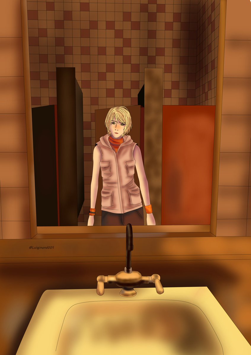 Luiginand005's tweet photo. Heather Mason stands before the mirror, lost in thought, while the silence of the bathroom seems to conceal something disturbing. I tried to capture a moment of introspection and the unsettling atmosphere of Silent Hill 3. 🧡
#HeatherMason #SilentHill3 #SilentHill #Sh #Sh3 https://t.co/4zRAnzliRm