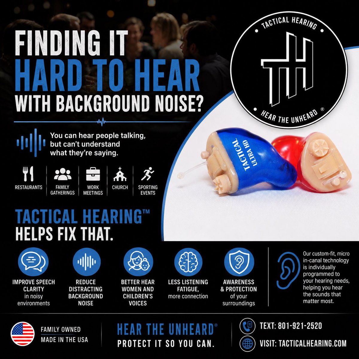tacticalhearing's tweet photo. Hard to Hear with Background Noise?

You’re not alone.

One of the most common complaints we hear is:

“I can hear people talking, but I can’t understand what they’re saying when there’s background noise.”

TACTICAL HEARING helps fix that! https://t.co/ss2TyyOX0H