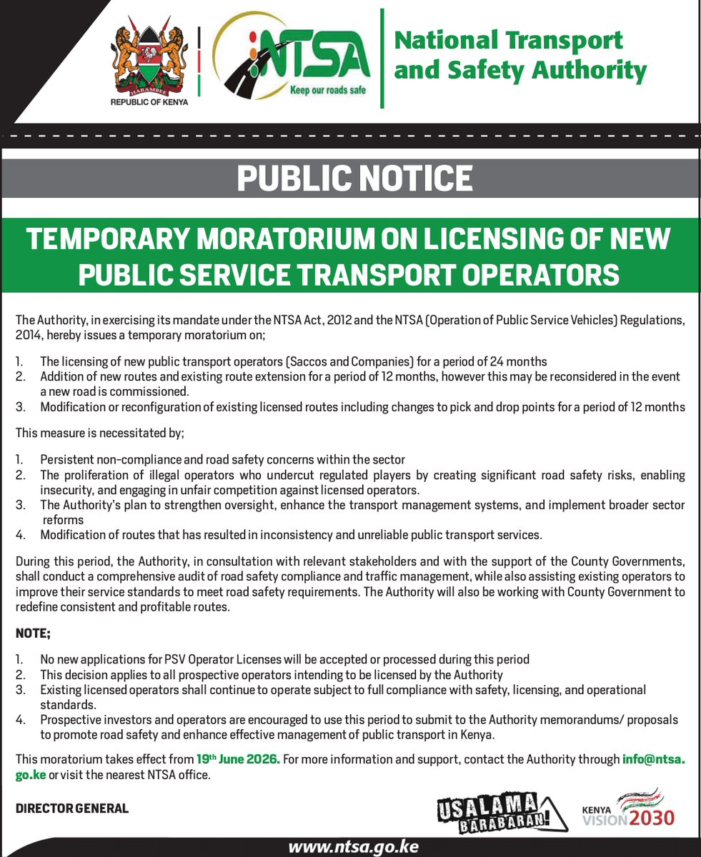 ntsa_kenya's tweet photo. TEMPORARY MORATORIUM ON LICENSING OF NEW 
PUBLIC SERVICE TRANSPORT OPERATORS. https://t.co/Zg6MDFpO9R