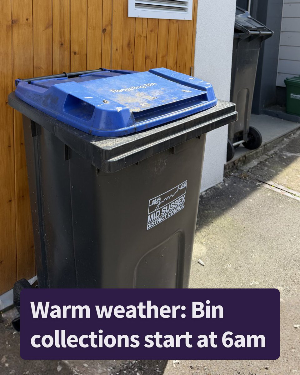 MSDCnews's tweet photo. From Monday 22 June, Mid Sussex waste collection rounds will temporarily begin from 6am.

Due to the forecast warm weather, collections will start earlier to help reduce refuse workers' exposure to peak temperatures.

For updates, visit: https://t.co/AZXrNWuZ0S. https://t.co/UrCssGkuIx