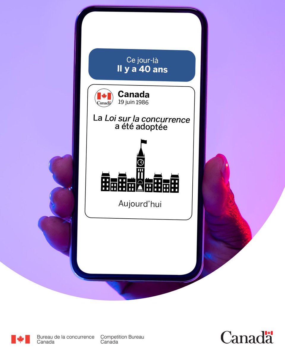 Image d’un écran de téléphone. L’écran affiche une publication « souvenir » sur les médias sociaux soulignant le 40e anniversaire de la Loi sur la concurrence.