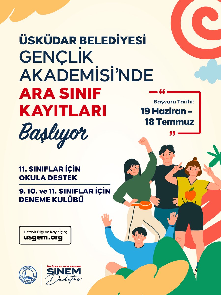 uskgenclkegitim's tweet photo. Üsküdar Belediyesi Gençlik Akademisi’nde ara sınıf kayıtları başlıyor! 🚀

📌 11. sınıflar için Okula Destek Programı
📌 9, 10 ve 11. sınıflar için Deneme Kulübü

🗓️ Başvuru Tarihi: 19 Haziran – 18 Temmuz

🌐Detaylı bilgi ve başvuru: https://t.co/8hV4DtL3pL https://t.co/DduJxCSdZl
