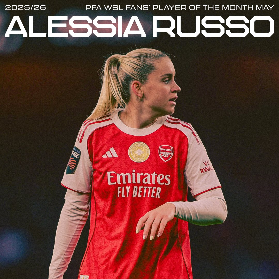 ArsenalWFC's tweet photo. Congratulations, @alessiarusso7 👏

Our number 23 is the PFA Select Car Leasing Fans’ Player of the Month for May 🏆 https://t.co/dROxeFCzxd