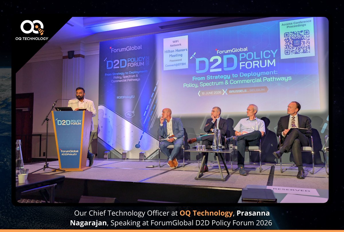 OQTEC's tweet photo. Our Chief Technology Officer, Prasanna Nagarajan, participated as a speaker at the Forum Global D2D Policy Forum 2026 in Brussels. 🇧🇪

The discussion brought together industry leaders and policymakers to explore the future of Direct-to-Device (D2D) connectivity, with a focus on spectrum, regulation, and commercial deployment pathways.

Representing OQ Technology, Prasanna shared perspectives on the evolution of Non-Terrestrial Networks (NTN) and the opportunities and challenges associated with scaling satellite-enabled connectivity services globally.

Thank you to Forum Global and all participants for the insightful discussions on the future of D2D communications.

#OQTechnology #D2D #NTN #SatelliteConnectivity #SpaceTech #Telecom #Connectivity