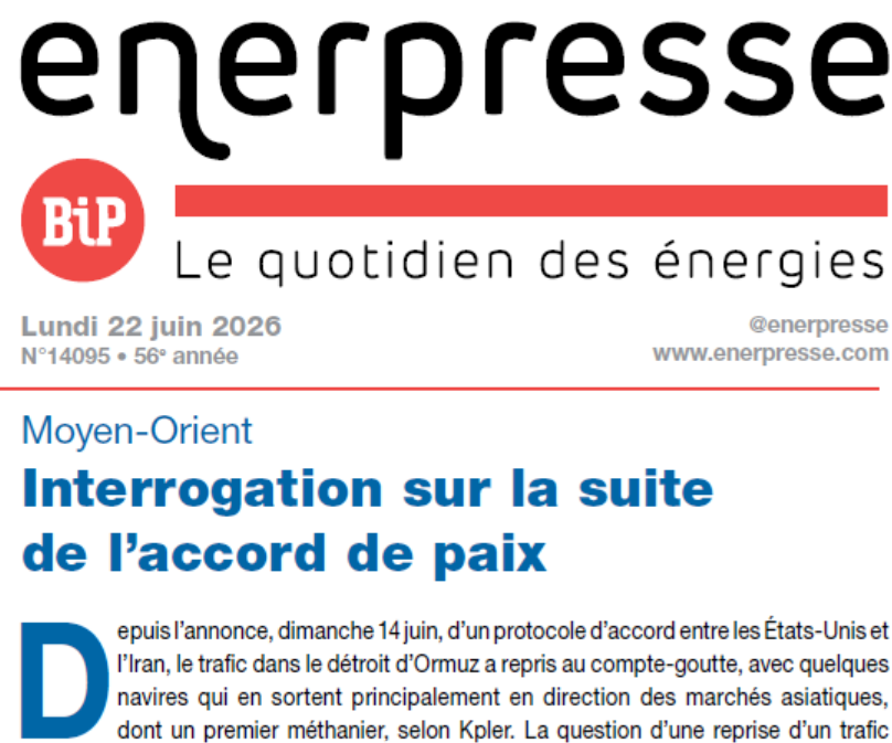 enerpresse's tweet photo. Au sommaire de @enerpresse 

🇮🇷 🇺🇸 Moyen-Orient : Interrogation sur la suite de l'accord de paix

🇫🇷 Electricité - Consultation sur des enchères de capacités ENR pluriannuelles

🇮🇹 Italie - Consommation de carburant en baisse en mai, le gazole en perte de 10 % https://t.co/JkZftdsHoN