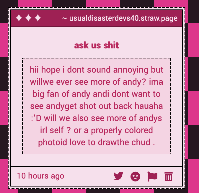 usualdisaster40's tweet photo. hi!! were currently in the process of rewriting andy and i might give him a redesign so yes! possibly! u may see more andy!! -🏴‍☠️ https://t.co/UZW0pqivTb