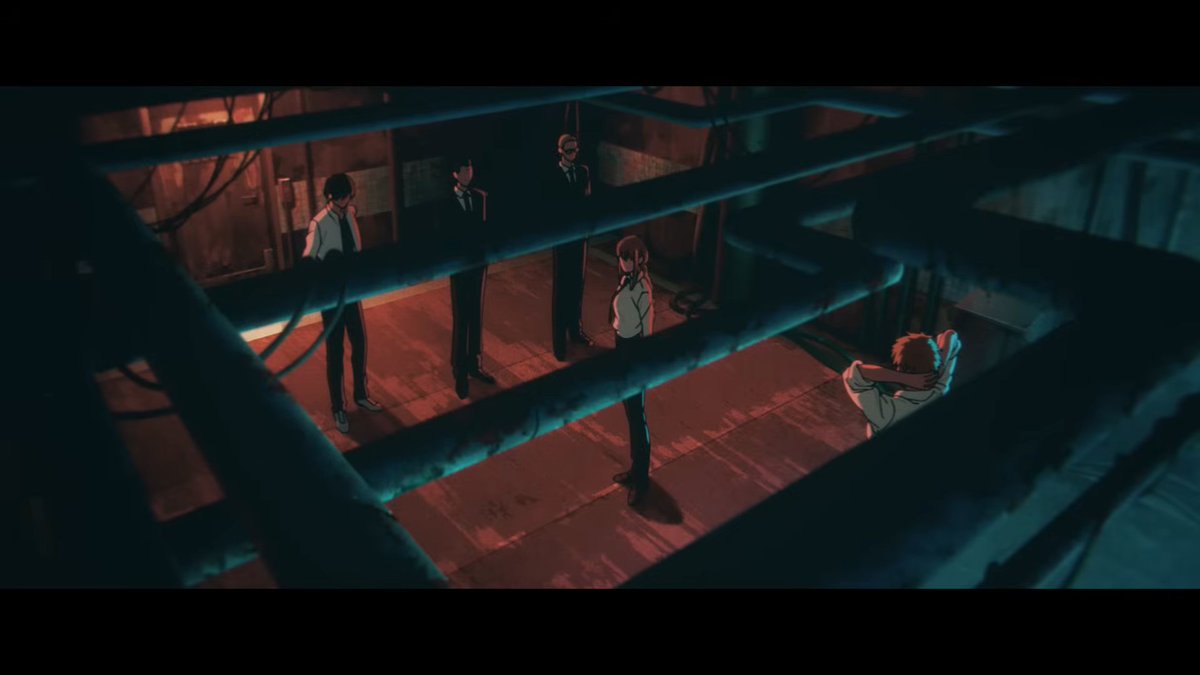 law_etienne's tweet photo. The new CSM S2 PV has it's own credited staff instead of just being a trailer.

The visuals have firmly landed in a middle ground between the Movie and Season 1.

The designs and aesthetic match the movie, while the light processing and color grading choices feel ripped from S1 https://t.co/43OMpOiBfc