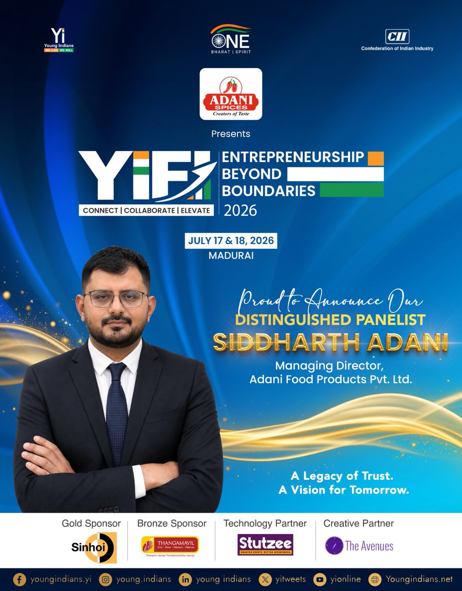YiTweets's tweet photo. We are delighted to announce Siddharth Adani, Managing Director, Adani Food Products Pvt. Ltd., as a distinguished Panelist at YIFI 2026.

A third-generation entrepreneur with over 29 years of industry experience, Mr. Adani's journey reflects visionary leadership, unwavering commitment to quality, and a deep sense of social responsibility.️

Join us as he shares valuable insights on leadership, legacy, business excellence, and building trust across generations. 

#YiFi2026 #SpeakerReveal #Leadership #Entrepreneurship #BusinessExcellence