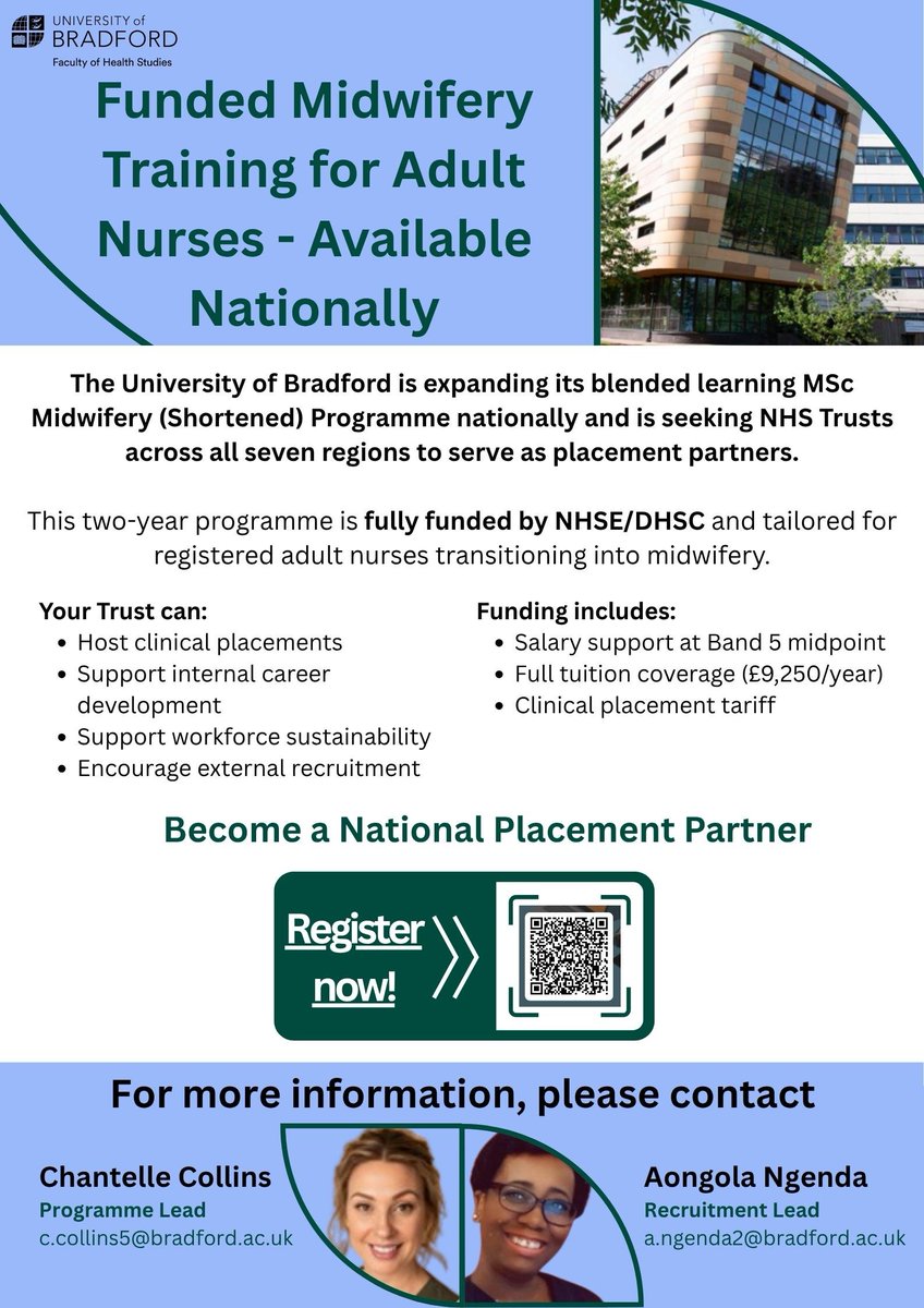 aongola_n's tweet photo. NHS Trusts: become a placement partner for Bradford’s funded MSc Midwifery (Shortened) Programme. Support adult nurses into midwifery and strengthen maternity workforce capacity.

 #NHS #NHSWorkforce https://t.co/notvbrRgAg