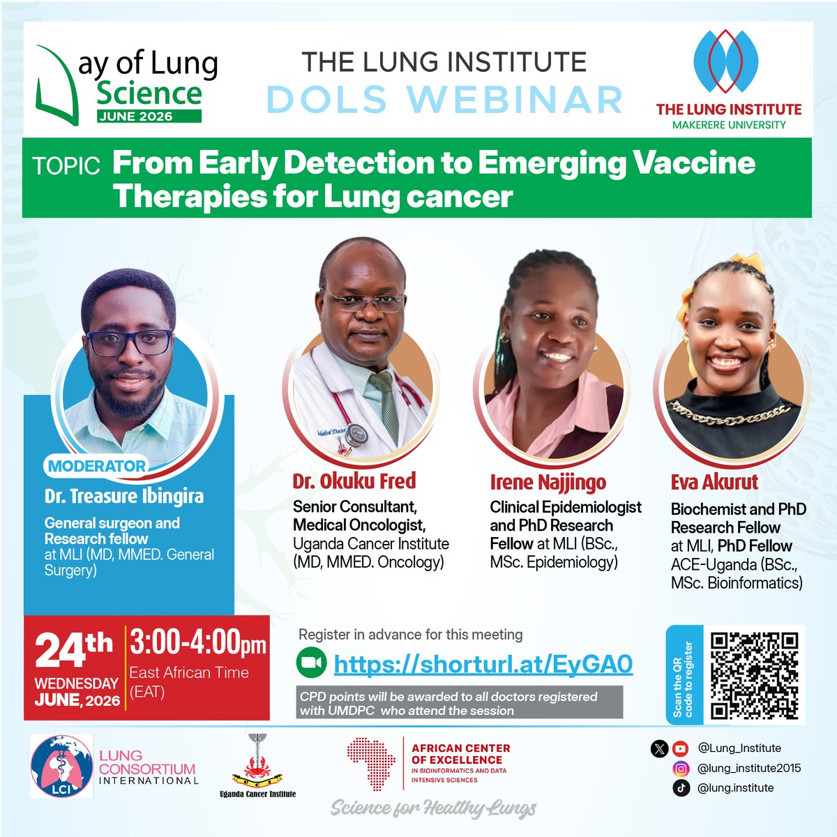 Lung_Institute's tweet photo. In commemoration of Love Your Lungs Week, join us for the June Day of Lung Science (DOLS) Webinar on 24th June 2026 at 3pm

🔗 Register: https://t.co/ipNSXXWDj7

@brucekirenga @UCI_PCAUConf @UgandaCancerIns @JacksonOrem @DrTreasureI @AkurutEvelyn @INajjingo  @ProfIbingira @CHRISBARYOMUNS1 @DrAyumeCharles @olaro_charles @MinofHealthUG