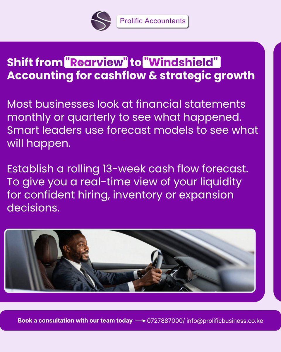 ProlificAccount's tweet photo. Shift from "Rearview" to "Windshield" Accounting for cashflow &amp; strategic growth

Most businesses look at financial statements monthly or quarterly to see what happened. Smart leaders use forecast models to see what will happen.

Establish a rolling 13-week cash flow forecast. https://t.co/uYeqoD7rRT