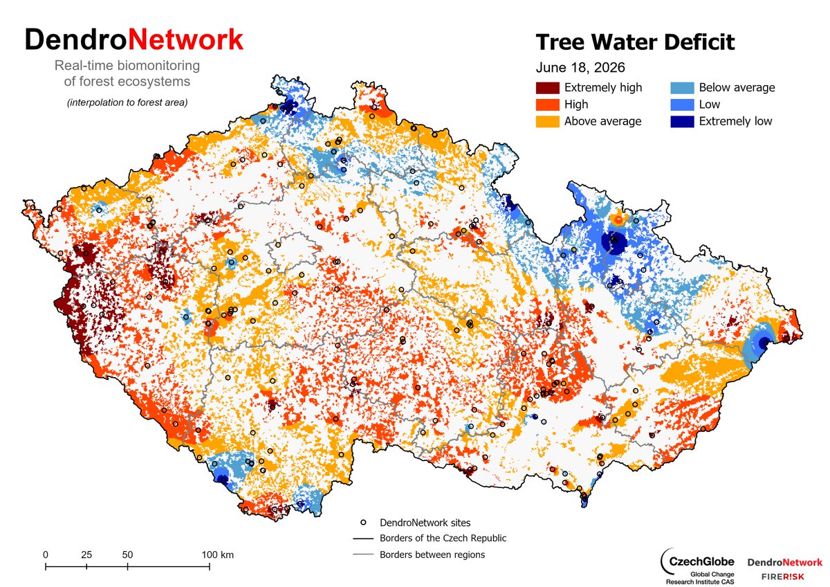 czechglobe_xylo's tweet photo. The maps tell a worrying story: high tree water deficit, declining soil water availability, and a persistent #heatwave ahead. Central European forests🌲face a combination of drought stress and extreme heat🌞, with elevated risks of decline, tree mortality, and wildfire.  #Drought https://t.co/ai6luhtYTQ