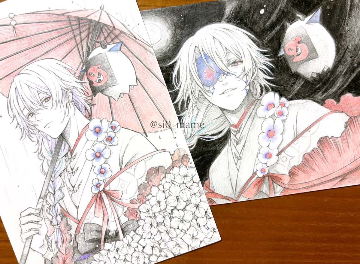 si0_mame's tweet photo. 背景の黒はマットで深い発色の鉛筆つかってる　すごくいい黒なんだけど線画が薄くみえて浮いちゃうからどうしよかなぁと…細かいところも難しくて　
そして変わらないカラー芯

２枚目のつくった着物の合わせの見本はまっっまく参考にならんかった🙂 https://t.co/cZr0W1vrCG