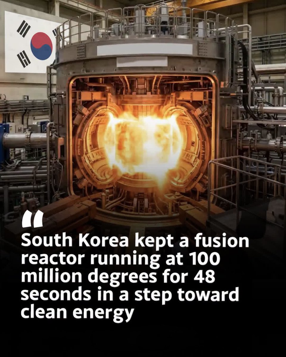 scitechgirl's tweet photo. 🔥 THEY CREATED A SUN ON EARTH 

South Korea's KSTAR fusion reactor reached nearly 100 million°C—about 7 times hotter than the Sun's core—and kept the plasma stable for 102 seconds.

Using powerful magnets, scientists are trying to recreate the same fusion process that powers the Sun. Their next goal? Holding it for 300 seconds.
Could this be a major step toward unlimited clean energy? 

Source:
Korea Institute of Fusion Energy. (2024).
