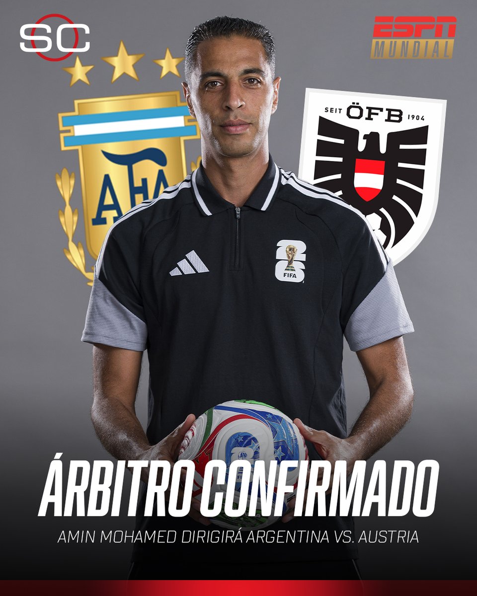 SC_ESPN's tweet photo. ¡ÁRBITRO CONFIRMADO PARA EL SEGUNDO PARTIDO DE LA SCALONETA! El egipcio Amin Mohamed dirigirá el duelo clave entre Argentina - Austria en Dallas.

⚽ #ESPNMundial
📺 Mirá los mejores partidos de la #FIFAWorldCup por ESPN, en el Plan Premium de #DisneyPlus https://t.co/v38maqHYdF