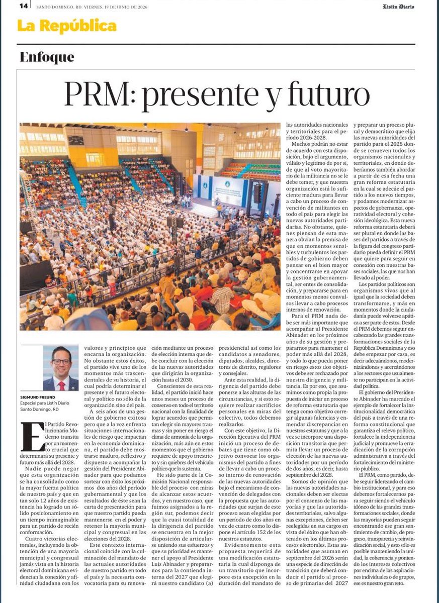 SigmundFreund's tweet photo. Buen día. Les invito a leer este artículo escrito para @ListinDiario, donde comparto reflexiones sobre el momento que vive el PRM, los retos que hay por delante y la importancia de continuar fortaleciendo nuestra organización con visión de futuro, institucionalidad y unidad. https://t.co/I1AmywLHcP