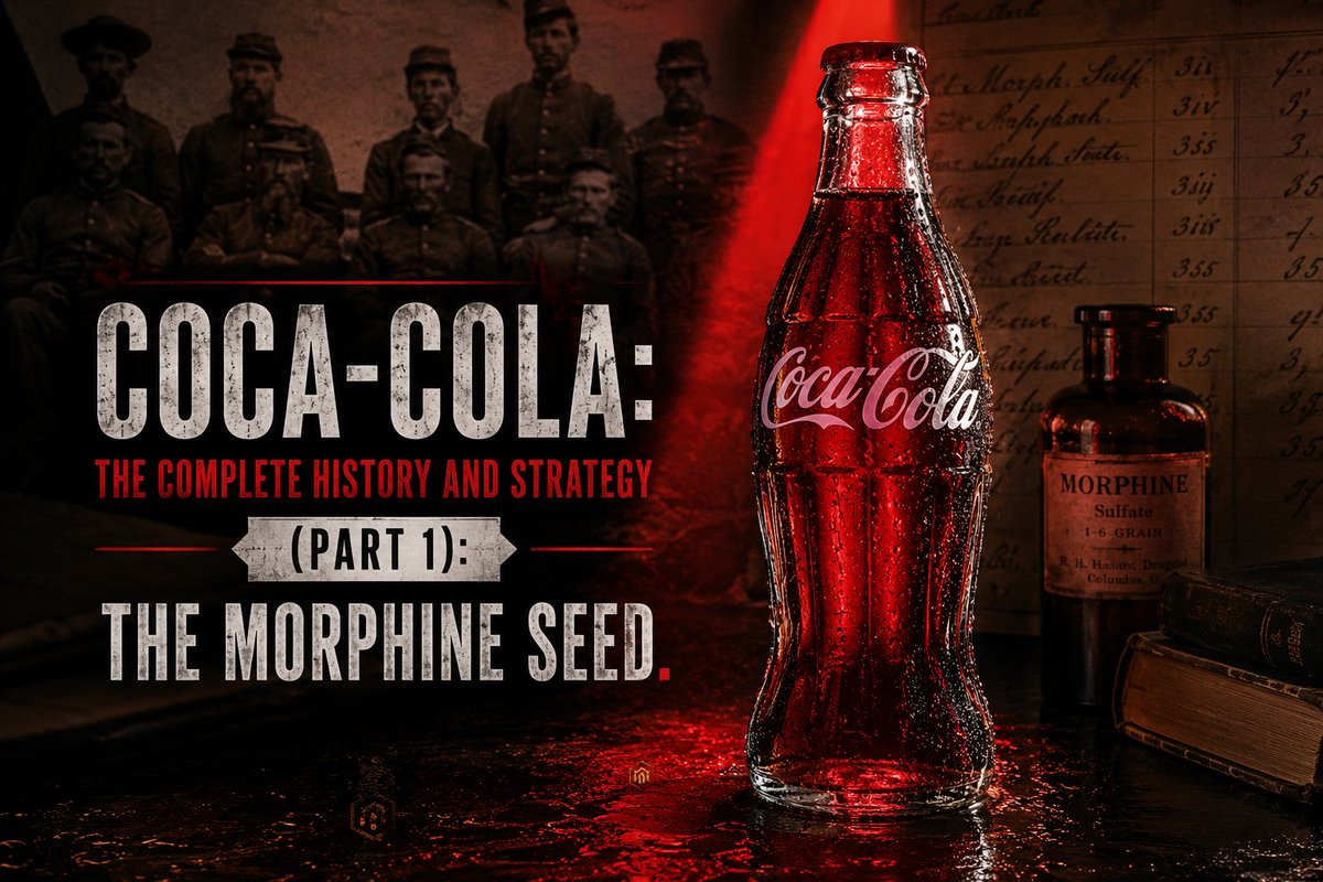 podcrumbs's tweet photo. The world’s most recognisable brand didn’t start with a business plan.
It started with addiction, desperation, and a $1 mistake that changed capitalism forever. 

I listened to the deep-dive history on the Acquired podcast by Ben Gilbert and David Rosenthal, and the origin of Coke isn't a wholesome corporate case study. 

It is a story born out of battlefield trauma, morphine addiction, and a tragic deathbed betrayal.