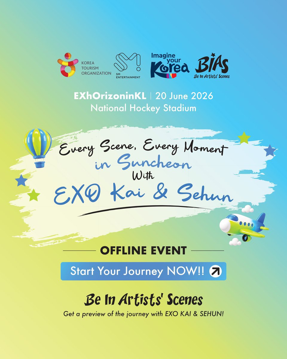 OhSehunGlobal's tweet photo. Discover EXO KAI & SEHUN in Suncheon at 'EXO PLANET #6 - EXhOrizon' in KUALA LUMPUR

TAKE HOME AN EXCLUSIVE ΕΧΟ ΚΑΙ & SEHUN IN SUNCHEON POSTCARD!

Complete these 3 simple steps :

1 Follow @.kto_malaysia on Instagram
2 Follow @.krew.en on Instagram 
3 Complete our survey 

Receive 1 chance to play the Capsule Prize Machine

✨ REDEEM ✨
Exclusive EXO Kai & Sehun in Suncheon Postcard (1 of 4 designs) 
*Postcard Design is based on capsule ball colour. Refer to the color chart for reference.

AVAILABLE :

🗓️ 20 june 2026
⏰ The booth will remain open until the concert starts or while stocks last, whichever comes first.
📍Location at Korea Tourism Organization booth. Located AFTER the bag check area at the National Hockey Stadium.

Malaysian EXO-Ls, don't miss your chance to bring Sehunnie home! 🧡

#SEHUN #세훈