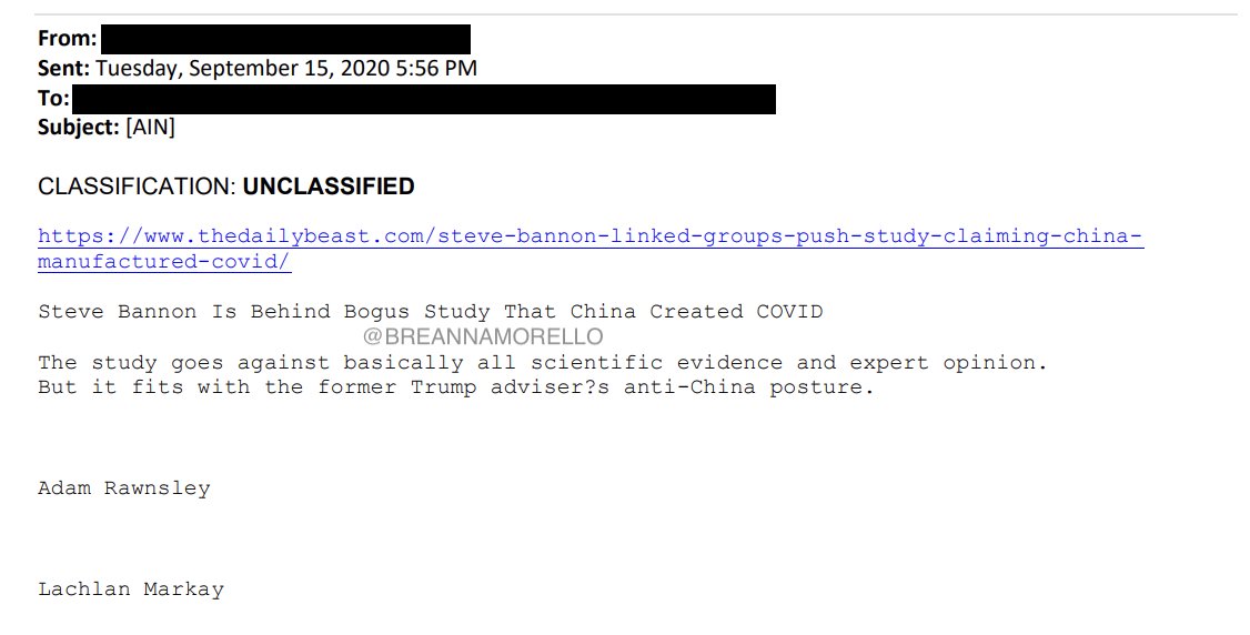 BreannaMorello's tweet photo. 🚨COVID COVER UP🚨

I'm digging through the declassified gain-of-function research at the Wuhan lab documents released by Tulsi Gabbard.

The one thing that quickly stands out is the intelligences community fear over the Wuhan lab leak report.

They seem to be very worried about Steve Bannon's interview with Dr. Li-Meng Yan.

They are also concerned about the New York Post's reporting on Covid being made in the Wuhan lab.