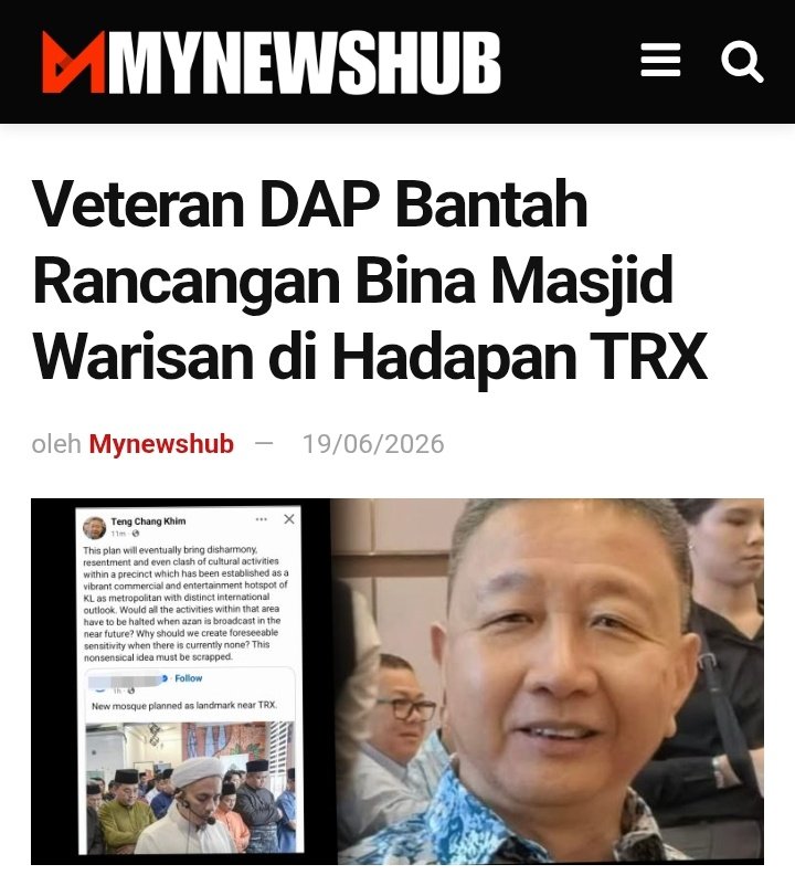 mynewshub's tweet photo. Veteran DAP Bantah Rancangan Bina Masjid Warisan di Hadapan TRX

Oleh Mynewshub

KUALA LUMPUR - Veteran DAP, Datuk Teng Chang Khim menggesa supaya cadangan pembinaan Masjid Warisan di sebuah tapak di hadapan Menara Tun Razak Exchange (TRX) dibatalkan.

Beliau mendakwa, cadangan tersebut akan membawa kepada ketidakharmonian dan rasa tidak puas hati.

"Pelan ini akhirnya akan membawa kepada ketidakharmonian, rasa tidak puas hati dan malah pertembungan aktiviti kebudayaan dalam satu kawasan yang telah dibangunkan sebagai pusat komersial dan hiburan yang rancak di Kuala Lumpur sebagai sebuah metropolis dengan pandangan antarabangsa yang tersendiri. 

"Adakah semua aktiviti dalam kawasan tersebut perlu dihentikan apabila azan disiarkan pada masa hadapan? Mengapa kita perlu mewujudkan sensitiviti yang boleh dijangka berlaku sedangkan pada masa ini tiada sebarang sensitiviti sedemikian? Idea yang tidak masuk akal ini mesti dibatalkan," dakwanya.

Beliau membuat dakwaan tersebut menerusi satu hantaran di media sosial dalam bahasa Inggeris yang diterjemahkan kepada Bahasa Melayu menggunakan aplikasi ChatGPT.

Terdahulu, media melaporkan sebuah lagi masjid ikonik sedang dirancang untuk dibangunkan di kawasan berhadapan Menara TRX yang melibatkan tanah seluas kira-kira 5.6 ekar.

Projek yang dikenali sebagai Masjid Warisan itu dilaporkan bakal menjadi mercu tanda baharu di ibu negara dan setanding dengan pembangunan moden di kawasan berkenaan. - MYNEWSHUB

Sumber Info/Foto: Akaun Media Sosial Teng Chang Khim