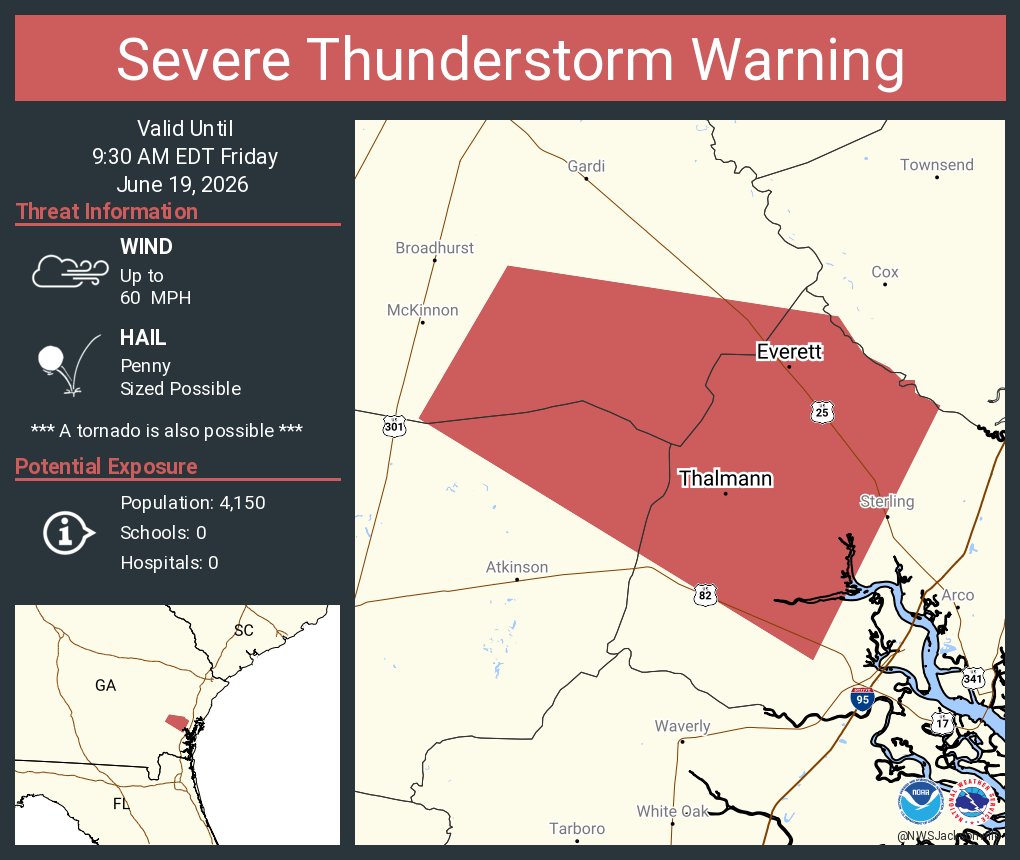 This graphic displays a severe thunderstorm warning plotted on a map. The warning is in effect until 9:30 AM EDT. The warning includes Everett GA and Thalmann GA.  This warning is for Northwestern Glynn County in southeastern Georgia, Northeastern Brantley County in southeastern Georgia and Southeastern Wayne County in southeastern Georgia. The threats associated with this warning are wind gusts up to 60 MPH and penny sized hail. There are 4,150 people in the warning along with 0 schools and 0 hospitals.