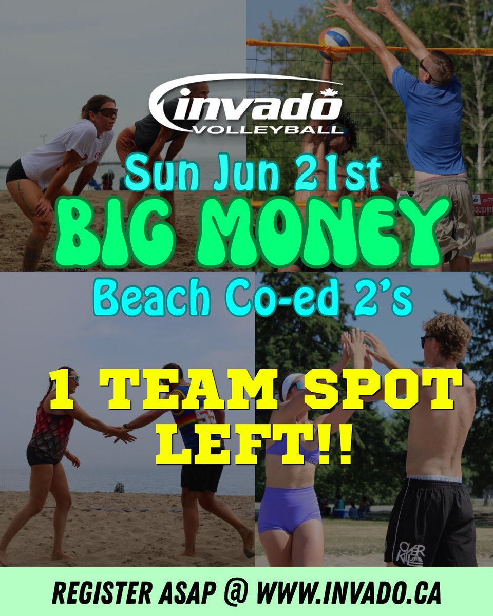 InvadoVB's tweet photo. OSHAWA - Beach Co-ed 2’s

1 TEAM SPOT LEFT for this Sunday Jun 21st!

Register ASAP @ https://t.co/h4QaRPACZY! 

❤️ Low reg fees &amp; $500 CA$H up for grabs! 💰

#invadovb #beachvolleyball #bigmoneybeach #beachcoed2s #oshawa https://t.co/7gpKvBCDDM