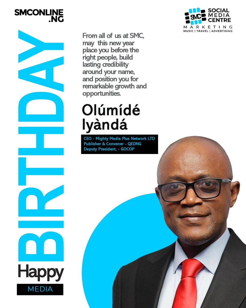 smconlineng's tweet photo. Social Media Centre Marketing (SMC) - we pray this new year brings you greater visibility, deeper trust, and strategic positioning in every area of your life, work, and purpose... Amen 

#HappyBirthday Blessings 🎉
Cheers to Greatness 🥂 https://t.co/W3scxl5iSt