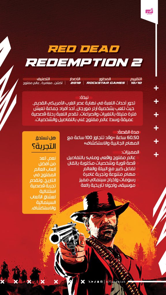 AriyEsport's tweet photo. لعبة #RedDeadRedemption2
تقدم تجربة عالم مفتوح في أجواء الغرب الأمريكي القديم، حيث قصة «آرثر مورغان» 🐎🔫 https://t.co/kEep850IEu