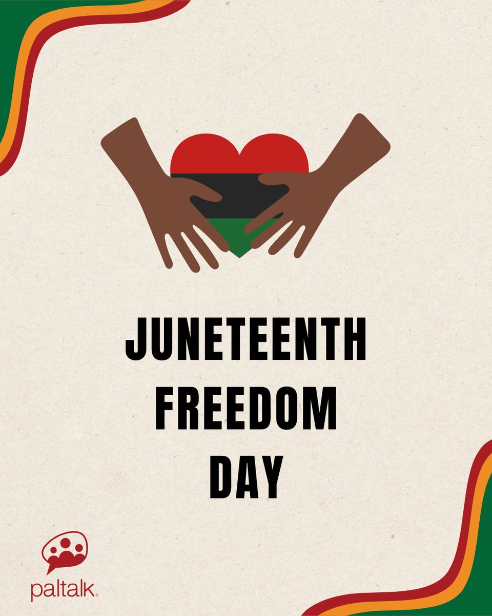 paltalk's tweet photo. Today we celebrate freedom, resilience, and the continued pursuit of equality. ❤️🖤💚 Happy Juneteenth from all of us at Patalk. #Juneteenth #FreedomDay #Patalk #PaltalkVideoChat https://t.co/1GAxE51nD5