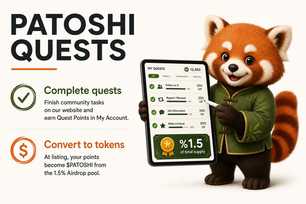 patoshimeme's tweet photo. 🎁 Complete Tasks, Earn the AIRDROP!

All the points you collect from completing quests will be converted into $PATOSHI tokens and distributed from the 1.5% Airdrop Pool of the total token supply.

🚀 How to Participate:

1️⃣ Log in with Telegram
2️⃣ Open the Quests page
3️⃣ Complete the quests
4️⃣ Submit them for review
5️⃣ Wait for admin approval
6️⃣ Receive your points in your account

🌐 Website: https://t.co/bzBAxKfZuU

#Patoshi #PatoshiMeme #Solana #Airdrop #Crypto