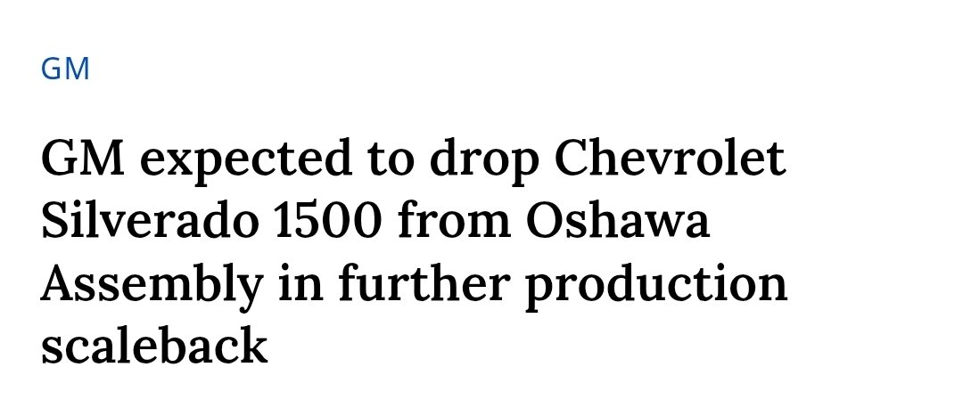 KirkLubimov's tweet photo. Another blow to Canada's auto industry.

GM is set to drop the assembly of Chevrolet Silverado 1500 from the Oshawa plant.

The plant is already down one shift.

There is no replacing building our own companies and actually manufacturing things. https://t.co/hXpoYf15YE