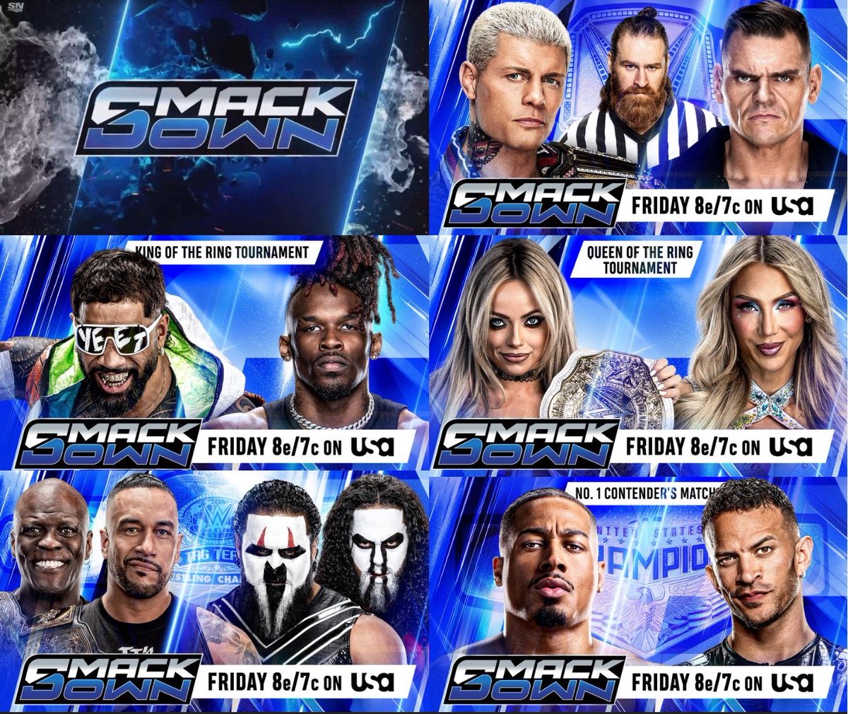 WrestlePurists's tweet photo. Set for #SmackDown tonight

• Cody Rhodes vs. Gunther for the Undisputed WWE Championship with Sami Zayn as the guest referee

• Jey Uso vs. Je’Von Evans in a King of the Ring semifinal match

• Liv Morgan vs. Charlotte Flair in a Queen of the Ring semifinal match

• Damian Priest & R-Truth vs. The MFTs for the WWE Tag Team Championship

• Carmelo Hayes vs. Ricky Saints in a United States Championship #1 contender’s match