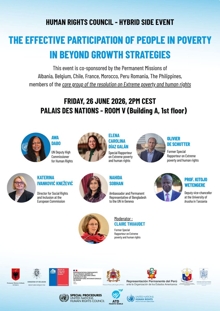 ATD_Europe's tweet photo. Join @ATD4thWorld International at the @UNHumanRights  Council in @UNGeneva!
We'll discuss two concrete tools to make genuine and meaningful #participation against #poverty a reality: the Merging of Knowledge methodology and the IDEEP process (Inclusive and Deliberative Elaboration and Evaluation of Policies).
Moderated by Claire Thuaudet, Deputy Permanent Representative of @FranceONUGeneve (on behalf of the core group).

This event is co-sponsored by the Permanent Missions of Albania, Belgium, Chile, France, Morocco, Peru, Romania, and The Philippines.

This is a hybrid event! You can register here: https://t.co/8pB1809ofd
See you there!

#HRC62 #HumanRights #EnPoverty #BeyondGrowth #ATDFourthWorld

@ATDIntPresident @AtdYouth @ATDQMInt @ATDFourthWorld @ATDIreland @cingoeu @CoESocialRights @EAPNEurope @ico17president @srpoverty @EU_Social @EU_MarioNava