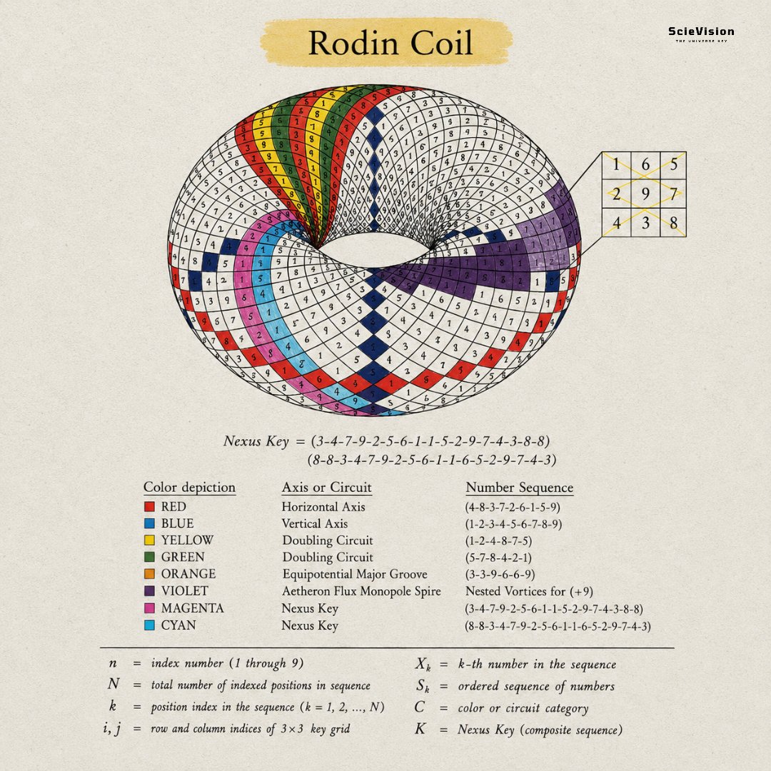 scievision369's tweet photo. Rodin Coil ✍️

The Rodin Coil is a concept developed by Marko Rodin, an independent researcher outside mainstream academic science. He suggested that a pattern in how numbers behave when doubled and reduced to single digits reveals a hidden structure. This structure is visualized across the surface of a donut shape, called a torus, covered with colorful spiraling pathways of digits. It is important to be clear that this is not part of mainstream, peer-reviewed mathematics or physics. Professional scientists widely regard it as numerology rather than established theory, though it is genuinely based on one small piece of real mathematics. That real mathematics involves something called the digital root. This is the process of repeatedly adding up a number's digits until only one digit remains. If you start with one and keep doubling it, then reduce each result down to a single digit, something true and verifiable happens. The sequence falls into a repeating six-number loop: one, two, four, eight, seven, five. The numbers three, six, and nine never appear in that loop, forming a separate pattern of their own. This split is a real and checkable fact about modular arithmetic. It became the seed for Rodin's elaborate visual system, which traces eight different colored pathways around the torus. These include a horizontal axis, a vertical axis, two opposite-spiraling doubling circuits, a groove traced by the three excluded numbers, and a long composite sequence called the Nexus Key that supposedly unifies everything. The diagram shifts from real mathematics into speculation with additional physical claims layered on top. This is particularly true for the pathway labeled with terms like "aetheron flux monopole spire," which borrow from physics concepts that are either outdated, such as the nineteenth-century aether theory disproven by experiments in 1887, or never confirmed, like magnetic monopoles that have never been detected despite extensive searches. Proponents have built physical coils wound according to these number patterns, claiming unusual electromagnetic properties. However, these claims have not been validated through peer-reviewed scientific testing. The broader scientific community recognizes no electromagnetic effects beyond what standard physics predicts for a coil of that geometric shape. The honest way to view this image is as two separate layers: a real and elegant mathematical pattern in how doubling sequences behave, dressed up in an elaborate speculative framework of hidden energy and physics that falls well outside what the underlying arithmetic actually demonstrates.