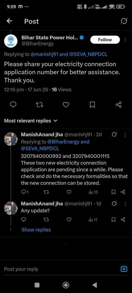 manishj91's tweet photo. @BiharEnergy @SEVA_NBPDCL 3207940000992 and 3207940001115
These two new electricity connection application are pending since a while. Please check and do the necessary. https://t.co/NSNTMLy0VX