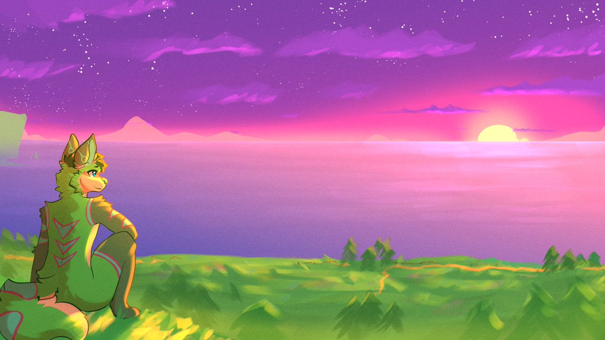 VerynnFloof's tweet photo. The view beyond where we find ourselves is a good reminder that there's always more ahead of us than what we may see, that there's always a tomorrow waiting for us.

HUGE thanks to @Wintairu for making such a beautiful piece, I love it very much, such comfy vibes 💚 https://t.co/95ZZkBlk1V