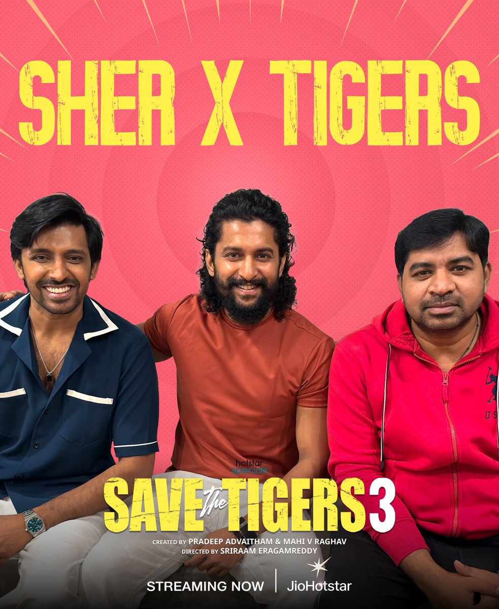 NaniFansArmy's tweet photo. Sher 🦁 X Tigers 🐯

Our Natural Star @NameisNani extended his heartfelt wishes for #SaveTheTigers3 streaming from today on @JioHotstarTel_ ❤️

Talented duo @Preyadarshe &amp; @AbhinavGomatam met #Nani today and shared a warm memorable moment together

#NaniFansArmy #TheParadise https://t.co/0pZsWS52s9