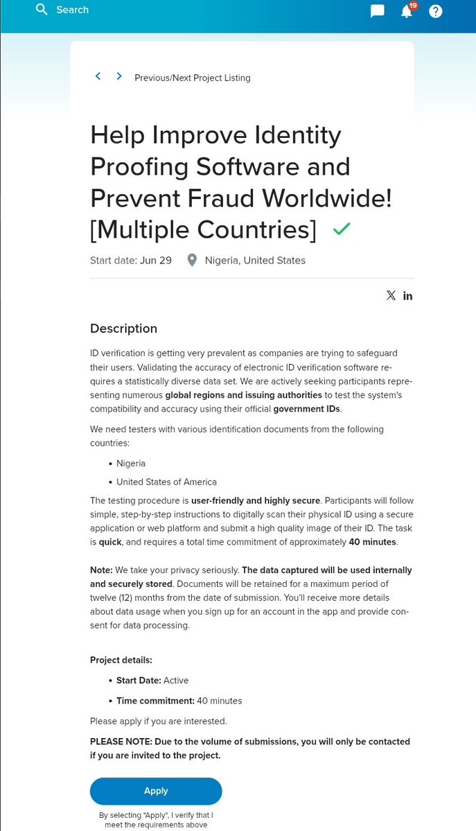 OlatunjiAyokan2's tweet photo. 🚨 Nigerians, this one is easy money.

💰 Usually pays around $75 ⏰ About 40 minutes to complete 🌍 Remote

Requirements: 
✅ Valid Nigerian Government ID 
✅ Smartphone or PC 
✅ Ability to follow simple instructions

You'll be helping test and improve identity verification software used by companies worldwide to prevent fraud.

No special skills required.
Would you spend 40 minutes for $75? 👇